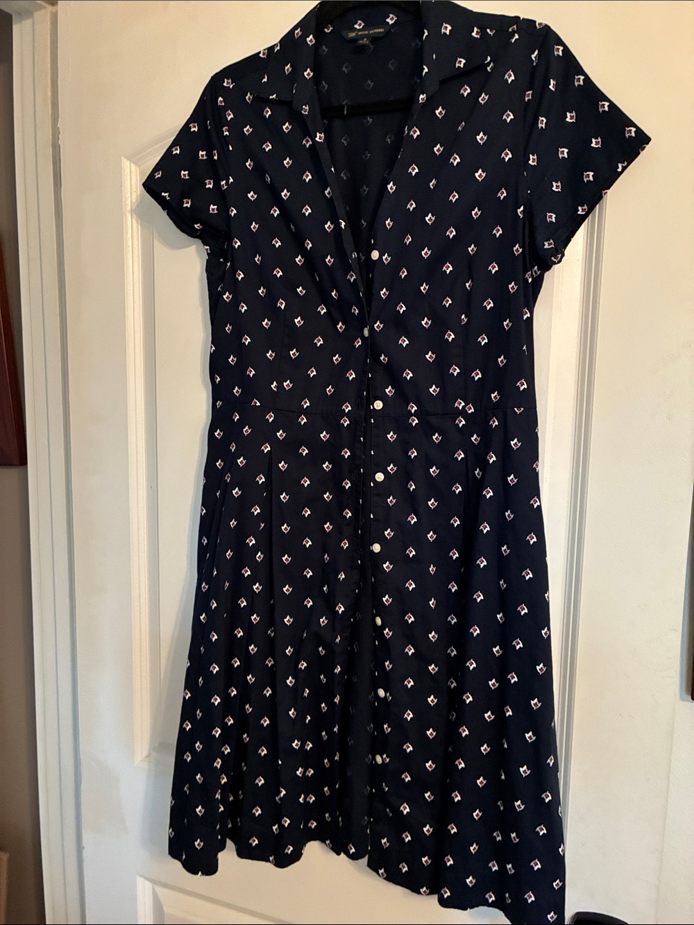 Brooks Brothers Navy Short-Sleeve Button-Front Midi Dress with White Print